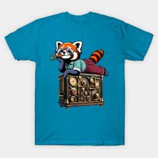 Red Panda Relaxing on Vintage Radio - Unique Digital Art T-Shirt